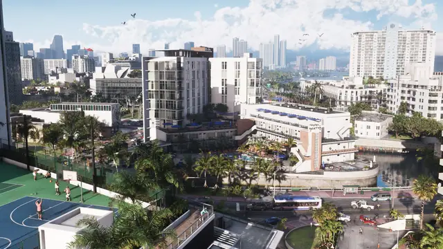 Daytime aerial view of Vice City beachfront hotels and streets