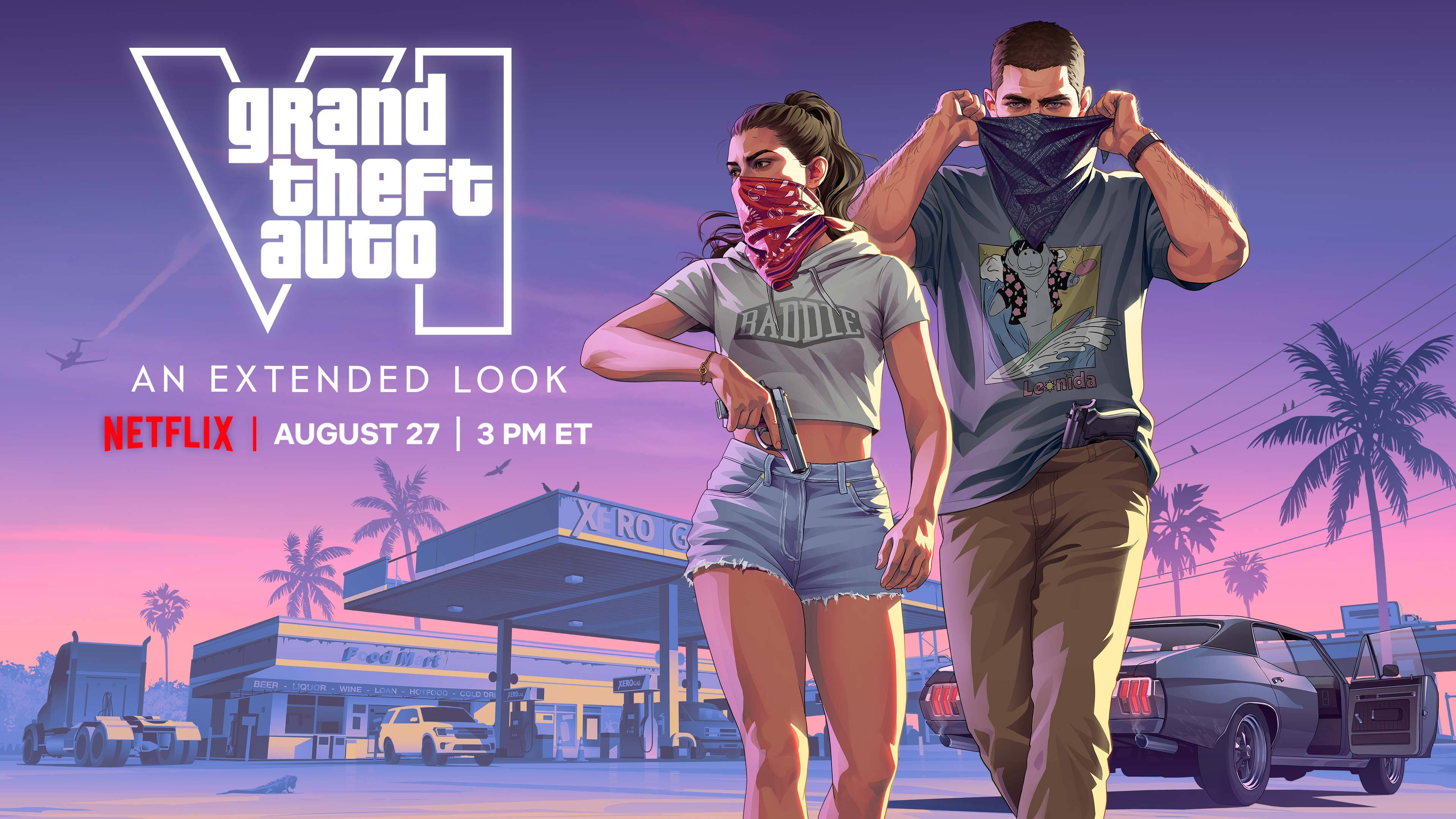 Official Rockstar Games key art for GTA VI: An Extended Look Premieres August 27 on Netflix