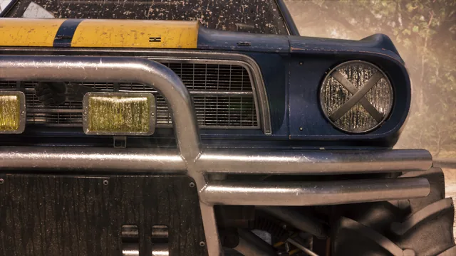 A close up of the front of a '67 Vapid Dominator Buggy in the midst of driving through off-road terrain.