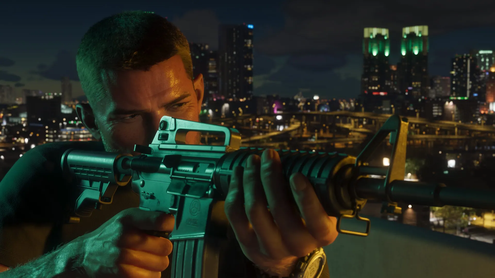 Official Rockstar Games promotional screenshot illustrating Weapon Guides