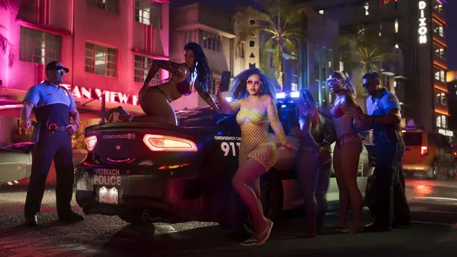 Police stopping a crowd beside a squad car on a neon Vice City street