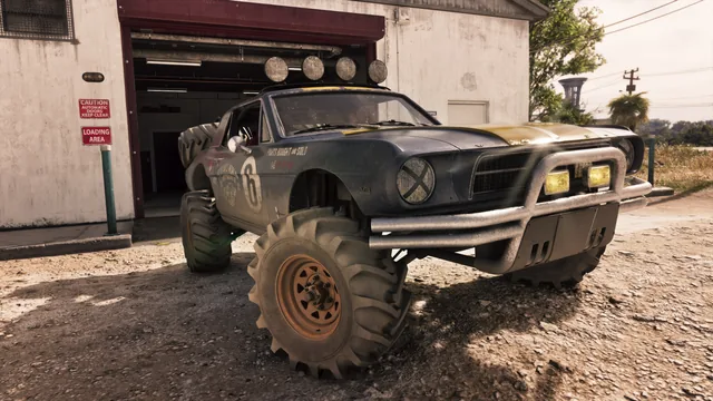 The '67 Vapid Dominator Buggy pulling out of the Paradise Garage.